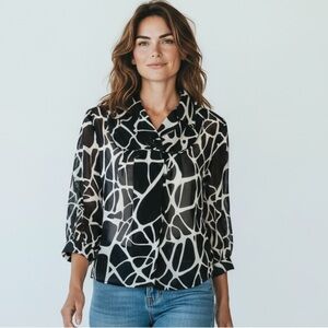 Sere Nade  3/4 Sleeve Sheer Blouse/Jacket Single Button Black/White XL